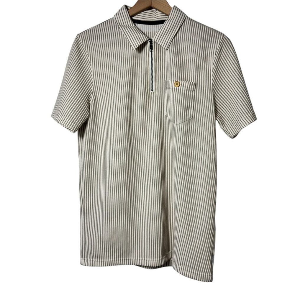 TED BAKER BROWN BEIGE GREEN WHITE STRIPES MEN SHORT SLEEVE SHIRT  3 OR MEDIUM
